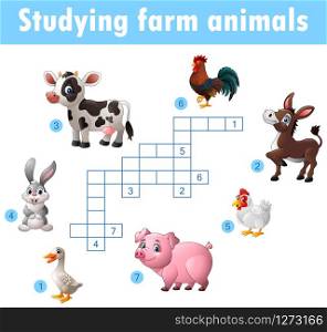 Card with crossword, education game for children about farm animals