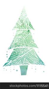 Card with doodle Christmas tree and green watercolor background . Boho pattern