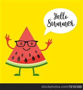 card with funny watermelon in glasses on yellow, holiday background with watermelon and inscription hello summer. Vector illustration in flat style. card with funny watermelon