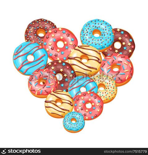 Card with glaze donuts and sprinkles. Background of various colored sweet pastries.. Card with glaze donuts and sprinkles.