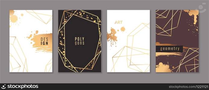 Card with gold frames. Trendy luxury wedding invitations with elegant geometric polyhedron, graphic ornament brochure or flyer vector modern design template. Card with gold frames. Trendy luxury wedding invitations with elegant geometric polyhedron, graphic ornament brochure or flyer vector template
