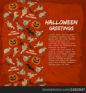 Card with halloween greetings animals lanterns of jack hands and gestures on textured red background vector illustration. Card With Halloween Greetings