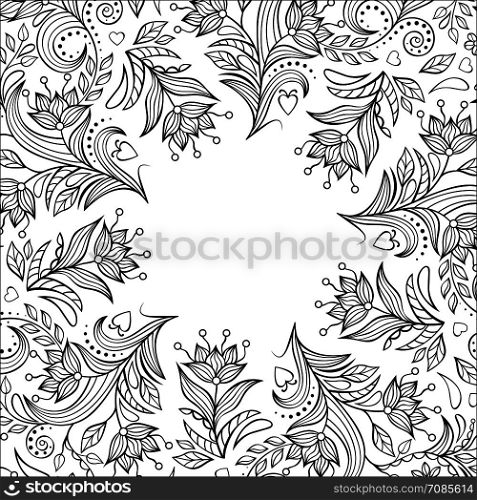 Card with hand drawn flowers on white background. Coloring page for children and adult. Vector illustration.. Floral invitation card