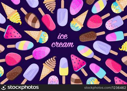 Card with ice cream in cartoon style on dark background