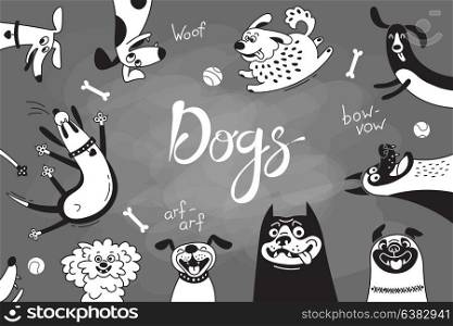Card with joyful dogs and happy puppies. Vector background with mongrels, sheepdog, dachshund, lap-dog and others breeds. Card with joyful dogs and happy puppies. Vector background with mongrels, sheepdog, dachshund, lap-dog and others breeds.