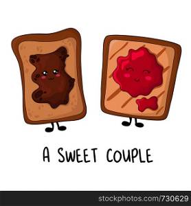 Card with kawaii food - sweet couple of sandwiches with peanut butter and berry jam or confiture. Funny characters and text, desserts on white background. Template for postcards, prints. Vector flat. Kawaii Food Collection