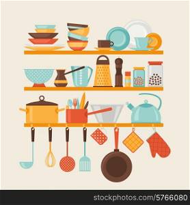 Card with kitchen shelves and cooking utensils in retro style.