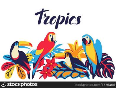 Card with macaw parrot, toucan and tropical plants. Exotic decorative birds, flowers anf leaves. Stylized background for design.. Card with macaw parrot, toucan and tropical plants. Exotic decorative birds, flowers anf leaves.