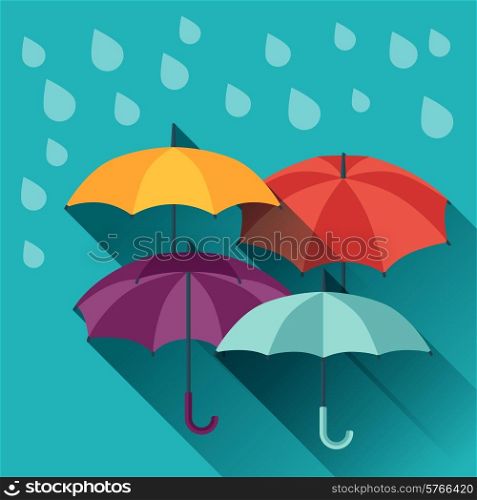 Card with multicolor umbrellas in flat design style.