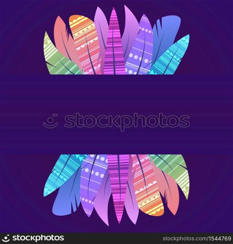 Card with multicolored boho feathers of birds with decoration and a place for the text on dark background. Vector template for greeting cards, invitations and your creativity. Card with multicolored boho feathers of birds with decoration and a place for the text on dark background