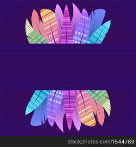 Card with multicolored boho feathers of birds with decoration and a place for the text on dark background. Vector template for greeting cards, invitations and your creativity. Card with multicolored boho feathers of birds with decoration and a place for the text on dark background