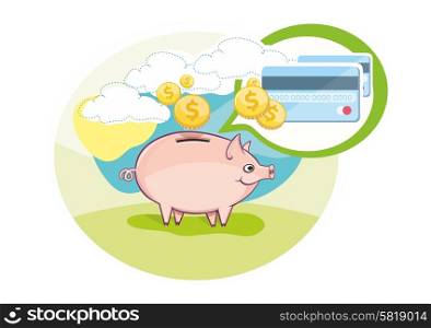 Card with pink piggy bank and coins in cartoon design style. Business concept