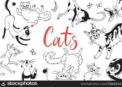 Card with playing cats of different breeds. Cat in the style doodle cartoon. Vector background.. Card with playing cats of different breeds. Cat in the style doodle cartoon. Vector background
