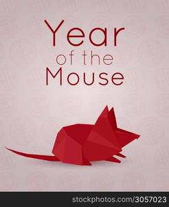 Card with polygonal mouse. 3d paper red origami rat. Chinese New Year symbol on oriental pattern. Congratulatory banner. Vector element for greeting cards, banners and your design.. Card with polygonal mouse. 3d paper red origami rat. Chinese New Year symbol on oriental pattern. Congratulatory banner. Vector element