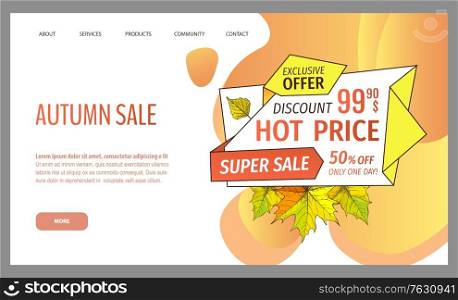 Card with seasonal proposition from store, vector. Shop sale in autumn. Autumnal offer discounts. Fall leaves with gold tag. Flyer hot price and lowered cost, promotion premium quality goods. Autumn Sale and Discounts, Seasonal Propositions