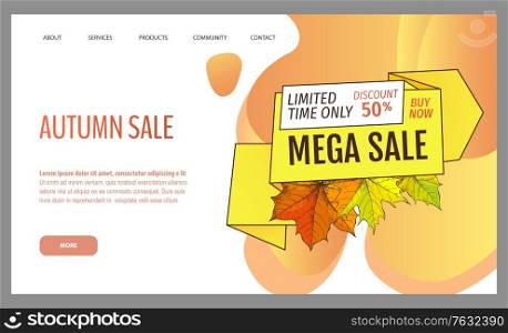 Card with seasonal proposition from store, vector. Shop sale in autumn. Autumnal offer discounts. Fall leaves with gold tag. Flyer hot price and lowered cost, promotion premium quality goods. Autumn Sale and Discounts, Seasonal Propositions
