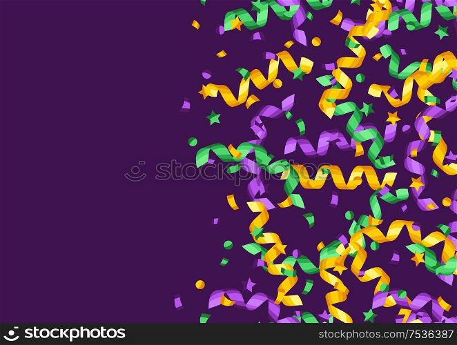 Card with serpentine in Mardi Gras colors. Carnival background for traditional holiday or festival.. Card with serpentine in Mardi Gras colors.