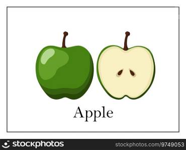 Card with signed whole apple and apple cut in half on white background in thin frame. Learn fruits in English for kids
