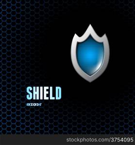 Card with steel glossy lightened shield and hex background