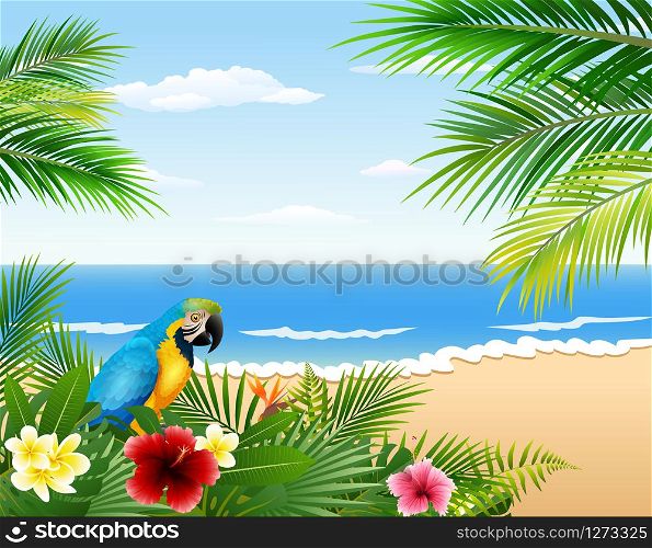 Card with tropical beach, tropical plants and parrot