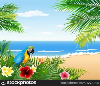 Card with tropical beach, tropical plants and parrot