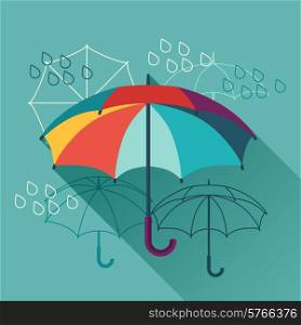 Card with umbrellas in flat design style.