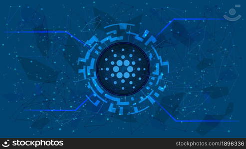 Cardano token symbol in a digital circle with a cryptocurrency theme on a blue background. ADA coin icon. Digital gold for website or banner. Copy space. Vector EPS10.