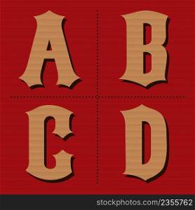 Cardboard alphabet western letters vintage design vector (a, b, c, d)