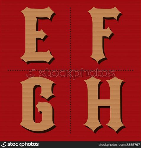 Cardboard alphabet western letters vintage design vector (e, f, g, h)