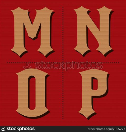 Cardboard alphabet western letters vintage design vector (m, n, o, p)