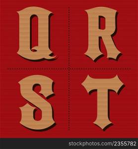 Cardboard alphabet western letters vintage design vector (q, r, s, t)