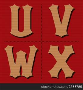 Cardboard alphabet western letters vintage design vector (u, v, w, x)