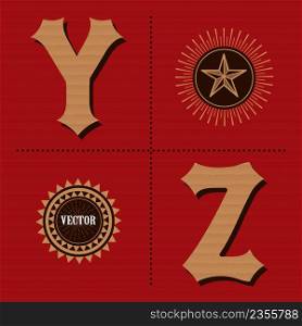 Cardboard alphabet western letters vintage design vector (y, z)
