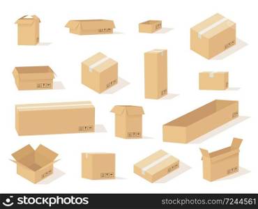 Cardboard box. Boxes open and closed different size, front view and various angles, square and rectangular carton packaging, delivery cargo vector set. Cardboard box. Boxes open and closed different size, front view and various angles carton packaging, delivery cargo vector set