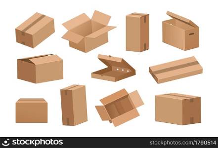 Cardboard box. Cartoon 3D delivery packages and parcels for shipping or transportation. Isolated brown opened and closed recycling paper containers mockup. Vector empty square storage packaging set. Cardboard box. Cartoon 3D delivery packages and parcels for shipping or transportation. Brown opened and closed recycling paper containers mockup. Vector empty storage packaging set