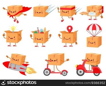 Cardboard box character. Fast delivery service mascot. Cartoon boxes with faces. Shipping package on parachute. Happy purchase vector set. Mascot package box for delivey service illustration. Cardboard box character. Fast delivery service mascot. Cartoon boxes with faces. Shipping package on parachute. Happy purchase vector set