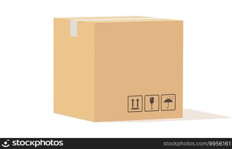 Cardboard box. Closed carton packaging cargo storage, beige square delivery parcel with fragile sign angle view, industry shipment, shipping goods, warehouse object vector single isolated illustration. Cardboard box. Closed carton packaging cargo storage, beige square delivery parcel with sign angle view, industry shipment, shipping goods, warehouse object vector isolated illustration