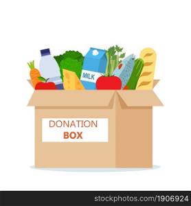 Cardboard box full of food. Needed items for donation. Water, bread, milk, fruits and vegetables products. Food drive bank, charity, thanksgiving concept. Vector illustration flat style. Cardboard box full of food.