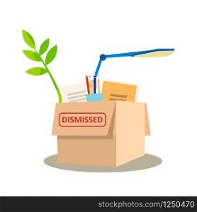 Cardboard Box Full of Personal Belongings. Get Fired. Dismissed Office Worker Stuff. Stationery, Lamp, Plant, Notebook, Document Property of Jobless. Flat Cartoon Vector Illustration. Cardboard Box Full of Personal Belongings. Get Fired