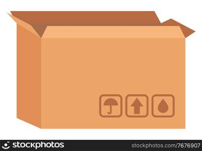 Cardboard box, garage sale, transportation case, empty paper parcel. Open carton container, selling goods, delivery symbol, squared object vector. Open Cardboard Case, Transportation Box Vector