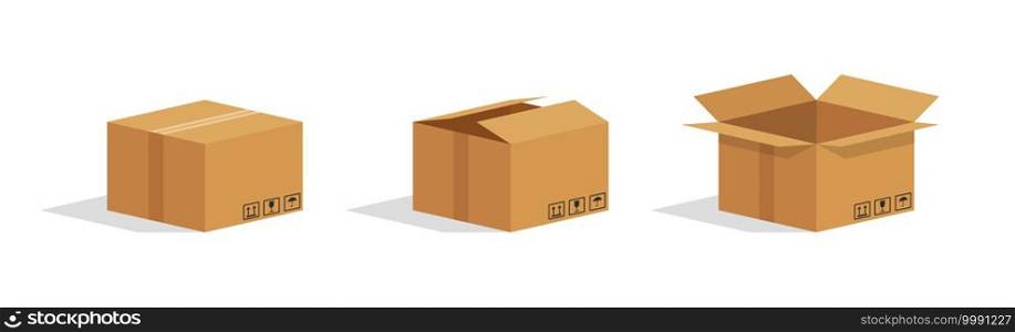 Cardboard box. Open and closed parcel. Isometric carton box. Brown package for goods. Paper cube for delivery and shipping. Mockup of gift in cartboard. 3d icon for shopping, supplies. Vector.. Cardboard box. Open and closed parcel. Isometric carton box. Brown package for goods. Paper cube for delivery and shipping. Mockup of gift in cartboard. 3d icon for shopping, supplies. Vector