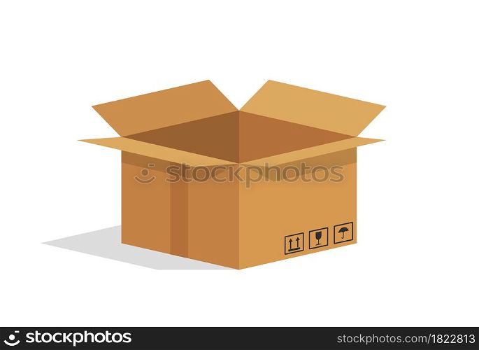 Cardboard box. Open brown package. Empty carton parcel for warehouse. Paper box isolated on white background. Cargo for delivery and storage. Icon for mail service, shipment and transport. Vector.. Cardboard box. Open brown package. Empty carton parcel for warehouse. Paper box isolated on white background. Cargo for delivery and storage. Icon for mail service, shipment and transport. Vector