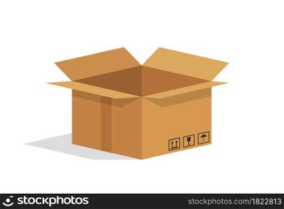 Cardboard box. Open brown package. Empty carton parcel for warehouse. Paper box isolated on white background. Cargo for delivery and storage. Icon for mail service, shipment and transport. Vector.. Cardboard box. Open brown package. Empty carton parcel for warehouse. Paper box isolated on white background. Cargo for delivery and storage. Icon for mail service, shipment and transport. Vector