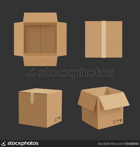 Cardboard box. Paper box different point views transporting package realistic vector mockup. Illustration paper cardboard blank, box empty container for pack. Cardboard box. Paper box different point views transporting package realistic vector mockup