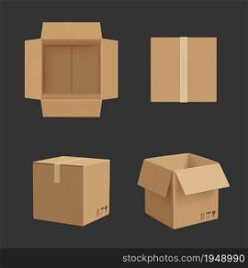 Cardboard box. Paper box different point views transporting package realistic vector mockup. Illustration paper cardboard blank, box empty container for pack. Cardboard box. Paper box different point views transporting package realistic vector mockup