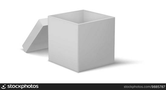 Cardboard box. Realistic empty square container with lid. 3D open packaging for holiday presents and purchases in shoe store or electronic shop. White organizer for storing things, vector template. Cardboard box. Realistic empty square container with lid. 3D open packaging for holiday presents and purchases in shoe store or electronic shop. Vector organizer for storing things