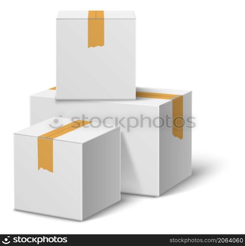 Cardboard box stack. White blank realistic mockup isolated on white background. Cardboard box stack. White blank realistic mockup