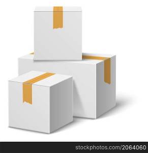 Cardboard box stack. White blank realistic mockup isolated on white background. Cardboard box stack. White blank realistic mockup