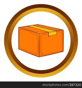 Cardboard box vector icon in golden circle, cartoon style isolated on white background. Cardboard box vector icon