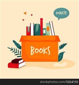 Cardboard box with books for donations, charity. Colorful vector illustration. Cardboard box with books for donations, charity